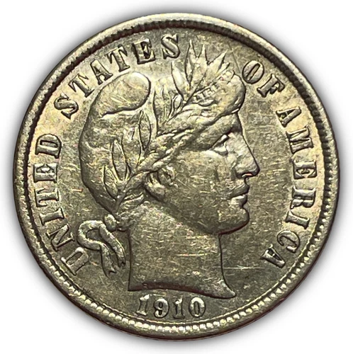 1910 Barber Silver Dime Almost Uncirculated AU Coin, Scratched #22669
