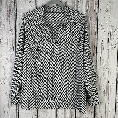 Notations Woman Plus Size 1X Black White Herringbone Blouse Sheer Button Down