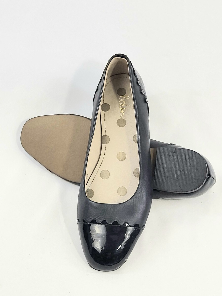 Boden Flat Ballerina Style Comfy Black Leather Patent Toes Heel