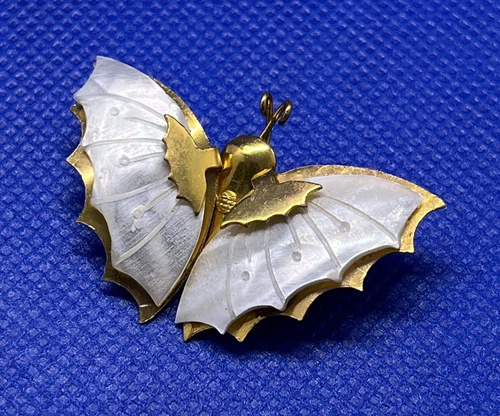 Vintage Antique Gold Tone Mother of Pearl  Moth Butterfly Brooch Bouquet Pin