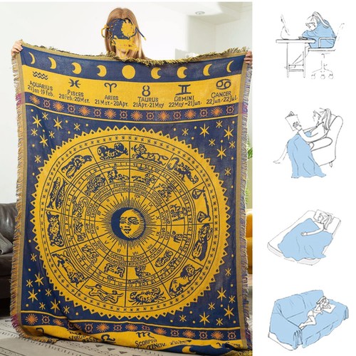 Tapestry Sun Woven Throw Blanket Celestial Moon Stars Reversible Area Rug Fringe - Picture 8 of 72