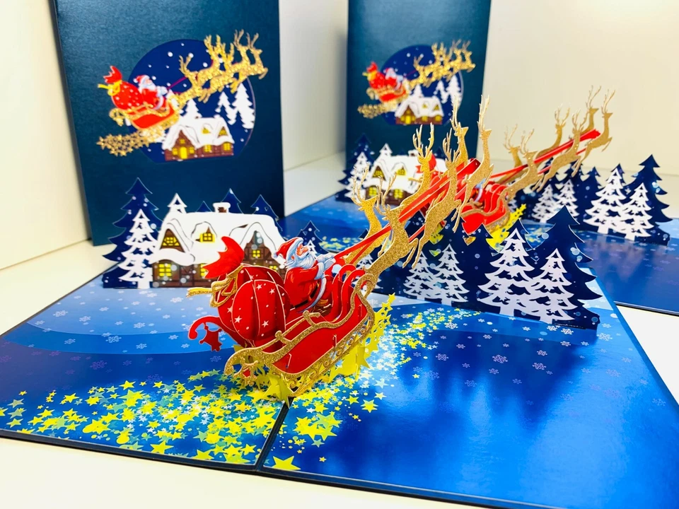 Tarjetas Pop Origami Feliz Navidad Premium Trineo de Papá Noel Reno 3D Tarjeta Pop Up Foto 2 de 4