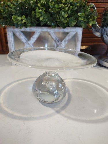 VTG Murano Centerpiece Art Glass Footed Pedestal Bowl Platter Clear w/ rainbow