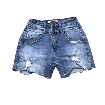 La Ven Distressed Denim Jean Shorts ~ Sz XS  ~ Blue ~ Mid Rise ~ 3'' Inseam 