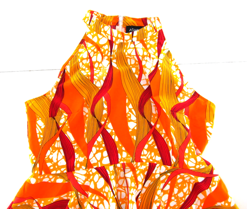 ASHRO Orange Yellow White Abstract High Neck Sleeveless High Low Blouse 14 - Picture 4 of 4