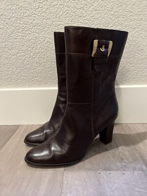 Mid Calf Chocolate Brown Gold TAHARI FRIDA Side Zip Block High Heel Boots US 10