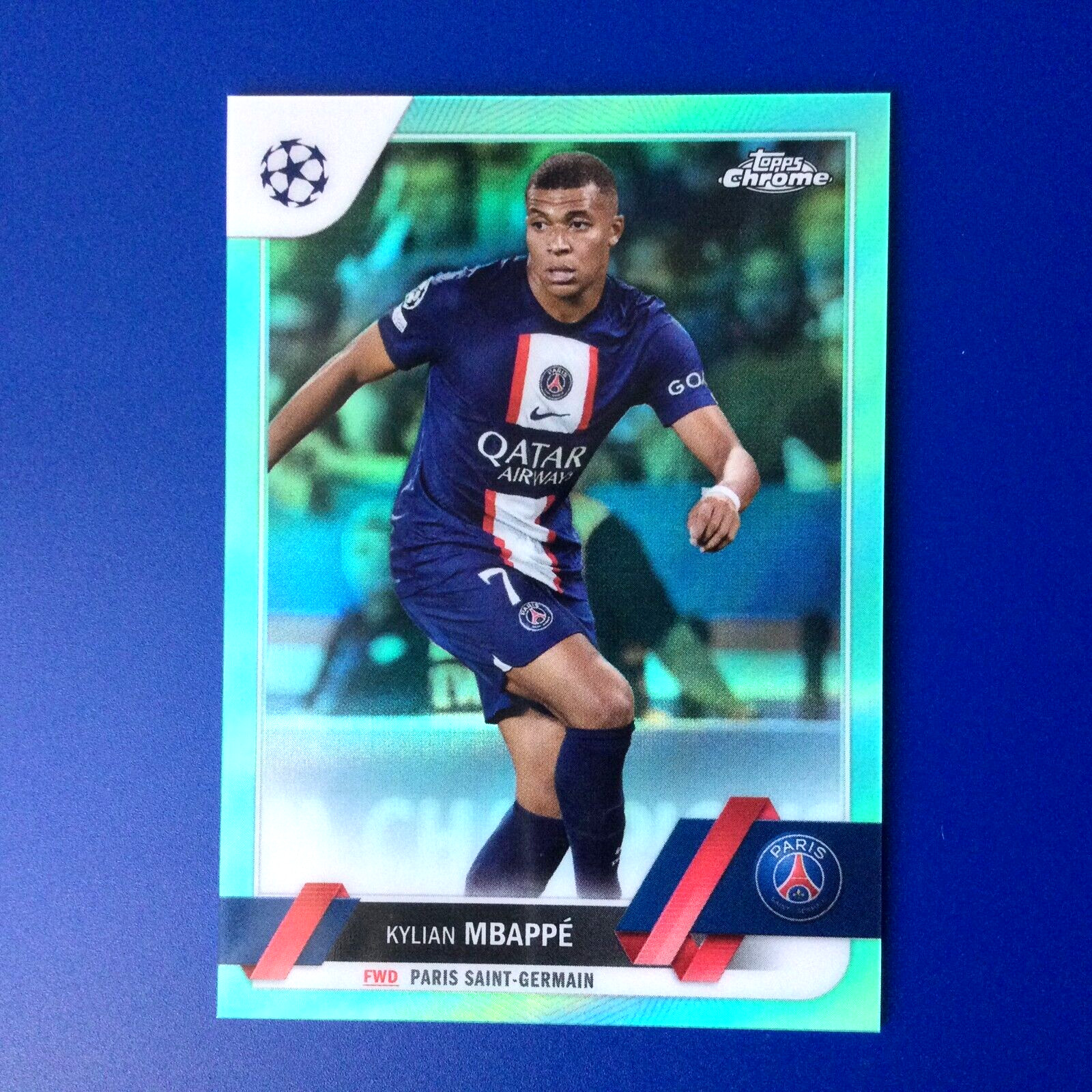 2022-23 Topps Chrome UEFA Competitions Aqua Refractor /199 Kylian Mbappe #100