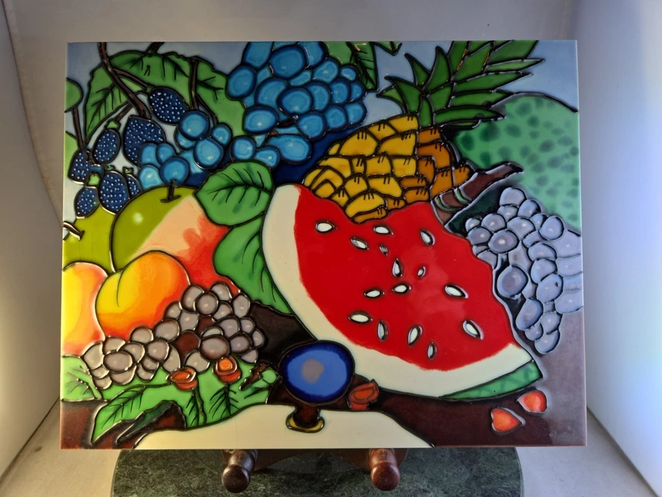 "Artesanal hecho a mano mosaico arte azulejo trabajo mezclado fruta melón y bayas 14""x11"" pesado" Foto 2 de 4