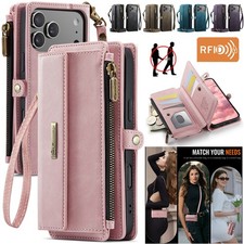 For iPhone 17 16e 15 14 13 12 11 Pro Max 8 Plus Leather Zipper Wallet Case Cover