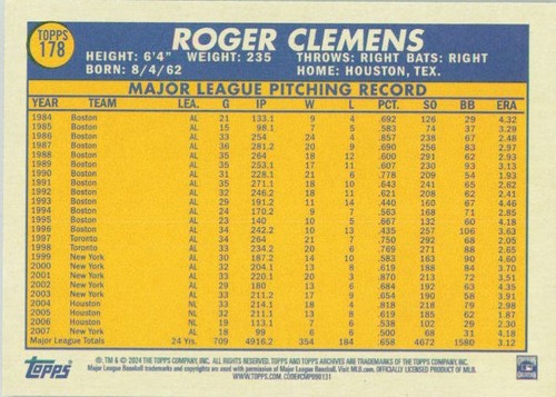 2024 Topps Archives 1970 #178 Roger Clemens Medias Rojas de Boston - Imagen 2 de 2
