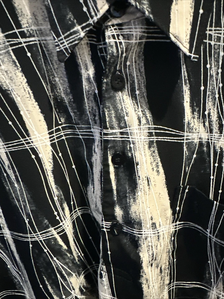 ALAN STUART Mens M Black/Sand Shirt Retro 4-Button Banded Hem Short Sleeve USA - Image 4 of 4