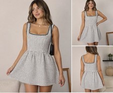 CIDER Women’s L Tweed Mini Dress Black White Plaid Square Neck Sleeveless NWT