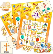 24 Players Bible Bingo Cards, Christian Bingo Game for Kids with Punny Stickers