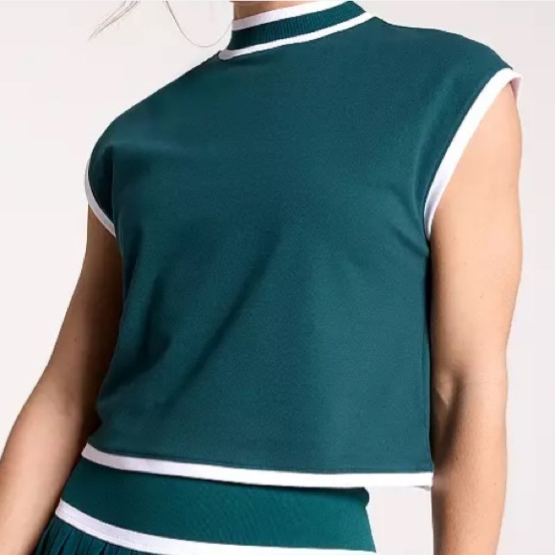 CALIA Rib Mock Neck Crop Tank Sea Green White Trim WAX15123 Womens