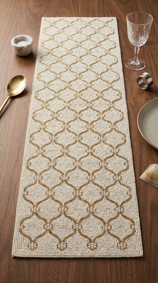 Luxury Hand Beaded Table Runner Ivory Gold Moroccan Trellis Arabesque Elegant