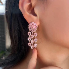 Pink Heart Zircon Tassel Long Dangle Drop Earrings Rose Gold Plated Prom Jewelry