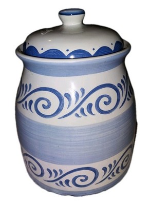 Blue and White swirl cookie jar, No chips or cracks.H11.5inch Full Circle W24in