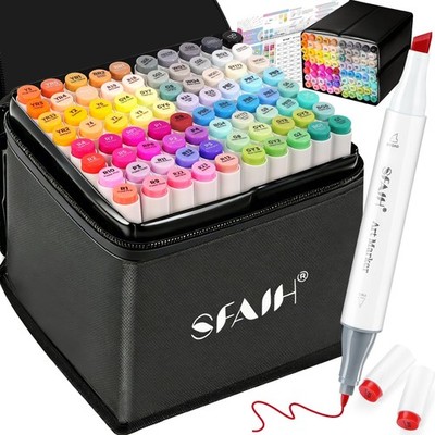 Alcohol Markers Set Chisel & Fine - 81 Colors [Leather Storage Box] Alcohol M...