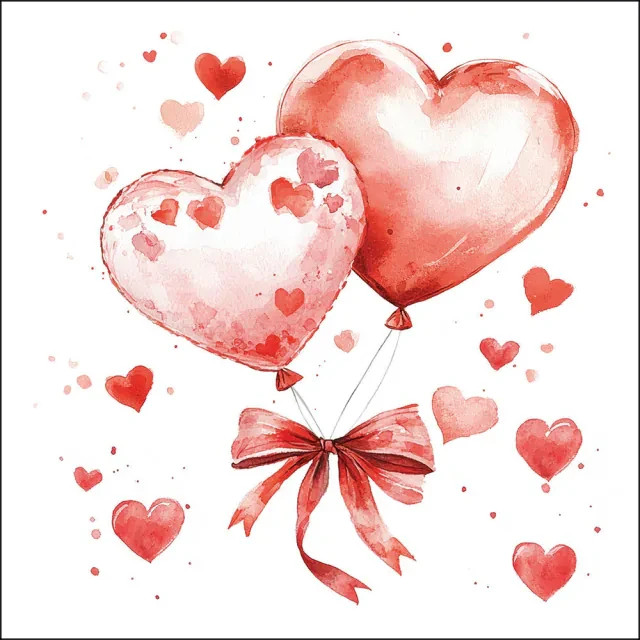 4 x Paper Napkins/33cm/3Ply/Decoupage/Romance/Love/Balloon Hearts in Red