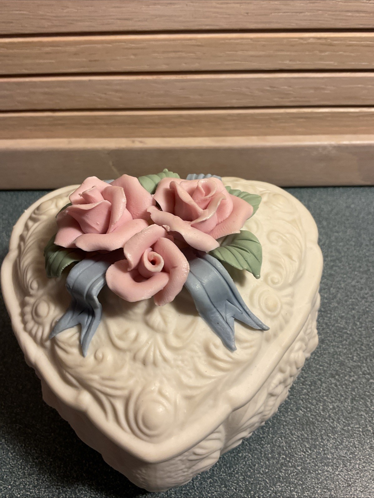 Vintage Heart-Shaped Porcelain Jewelry Trinket Box