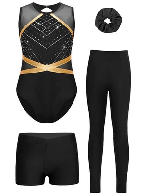 MARKENLOS DE ranrann 4er Set Mädchen Turnanzug Gymnastikanzug mit Hose Shorts Haarband