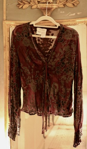 MAX MARA WEEKEND PLUM SILK & GREY VISCOSE VELVET TIE V NECK BLOUSE S 12 UK EU 44