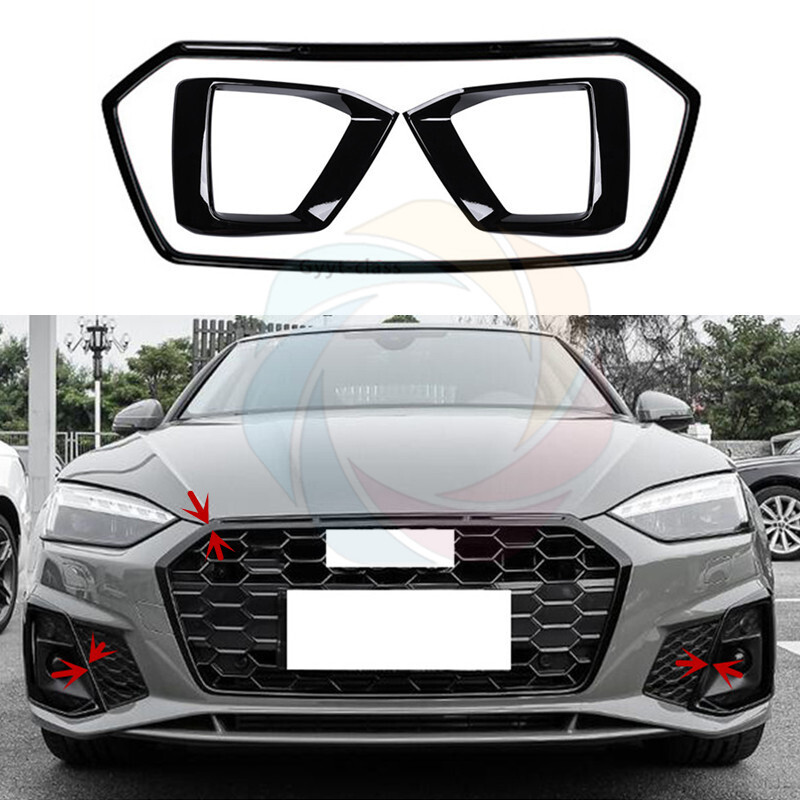 For 2020-2024 Audi A5 S5 ABS Glossy Black Front Grill+Fog Light