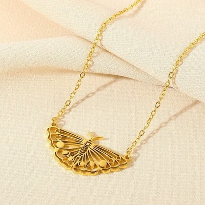 Punk Moth Necklace, 18K Gold Moth Pendant, Hollow Moth Necklace, Gothic Moth