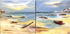 Original Ölgemälde Ostsee Rügen 2teilig sign.S.Kreft Wellen Strand Seeblick Boot