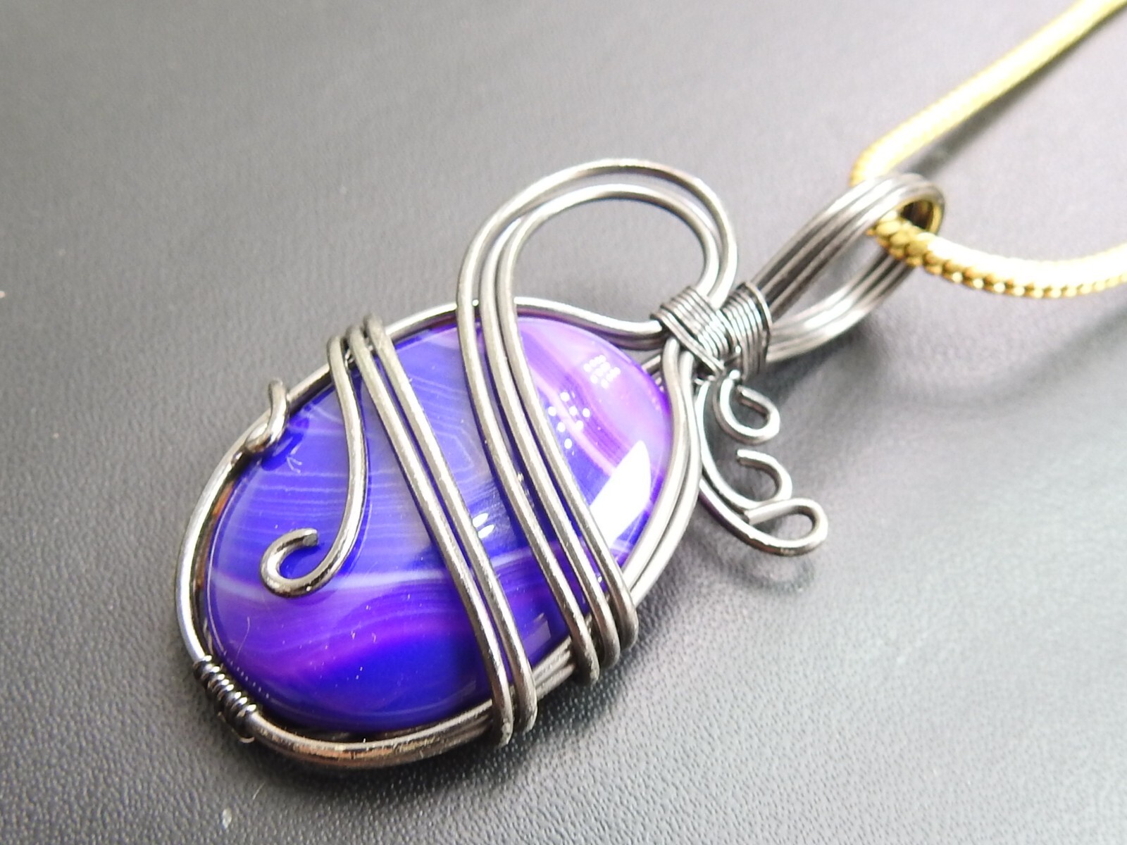 Purple Strip Agate Brass Pendant Silver Oxidised Polished Wire Wrapped Jewelry