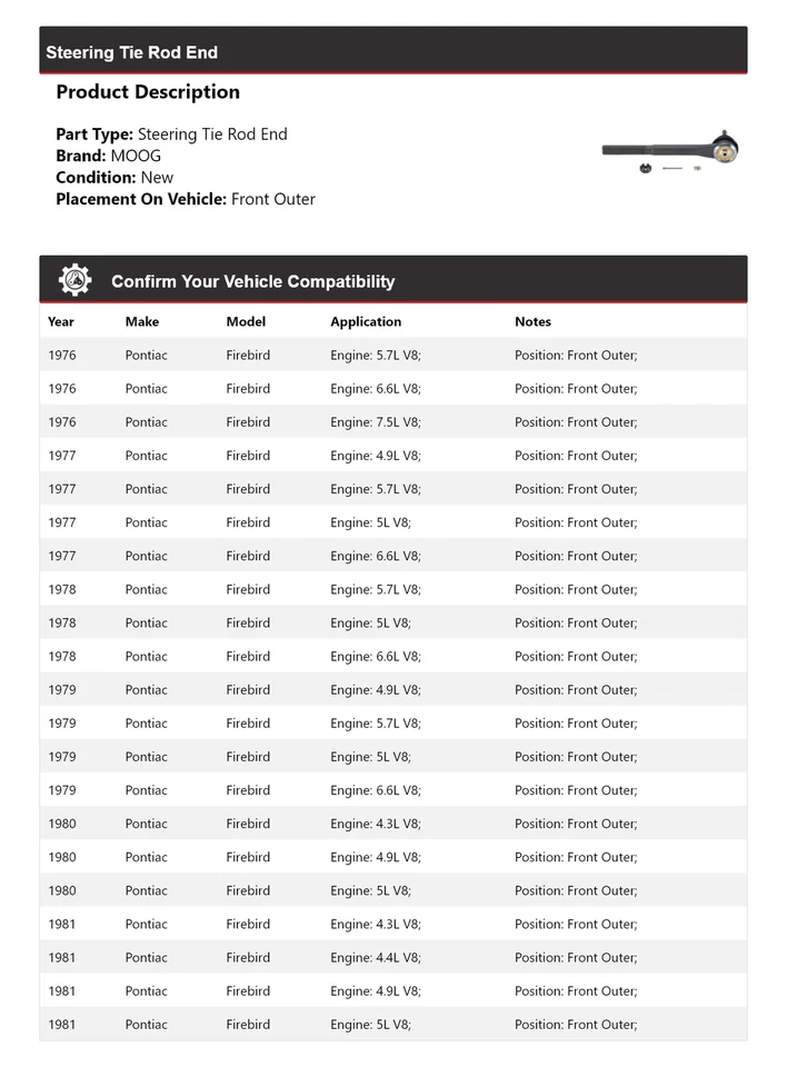 Para 1976-1981 Pontiac Firebird Vara de Direção Extremidade Frontal Externa MOOG 1976 1977 - Imagem 2 de 4