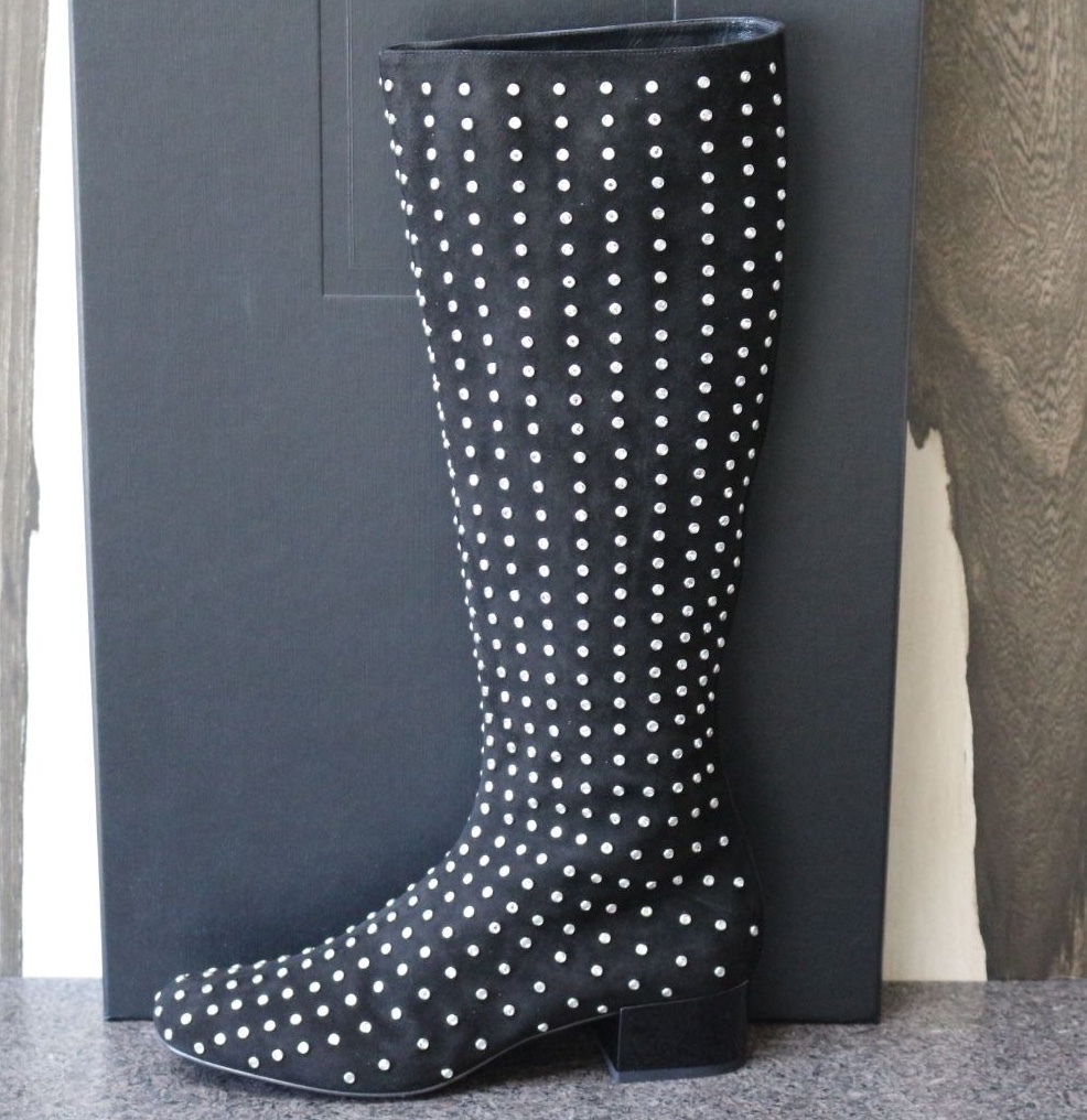 Scarpe stivali al ginocchio nuovi con scatola YSL Saint Laurent PARIS MOD SCAMOSCIATI CRISTALLO BORCHIE 39