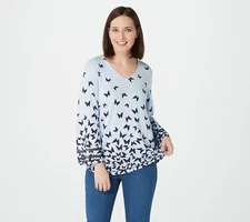Belle by Kim Gravel Butterfly Print Knit Shirt Sky Blue XS New