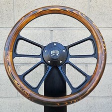 14 Black 4 Spoke Steering Wheel W Wood Flame Pine Half Wrap Fs Horn