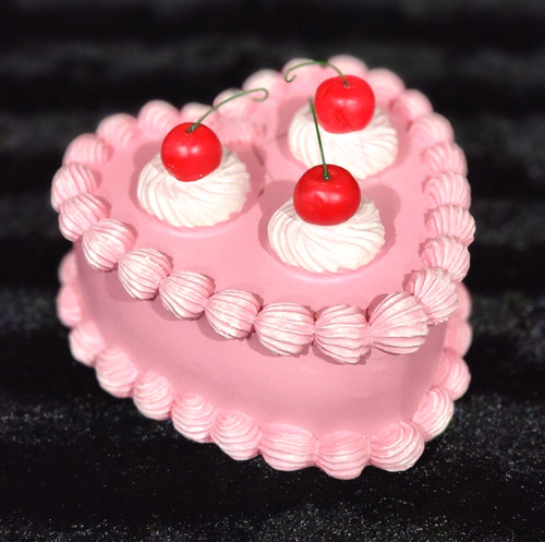 Pink Heart Shaped Cake Decor Cherries 6" Piped Icing Strawberry Bakery Cherry