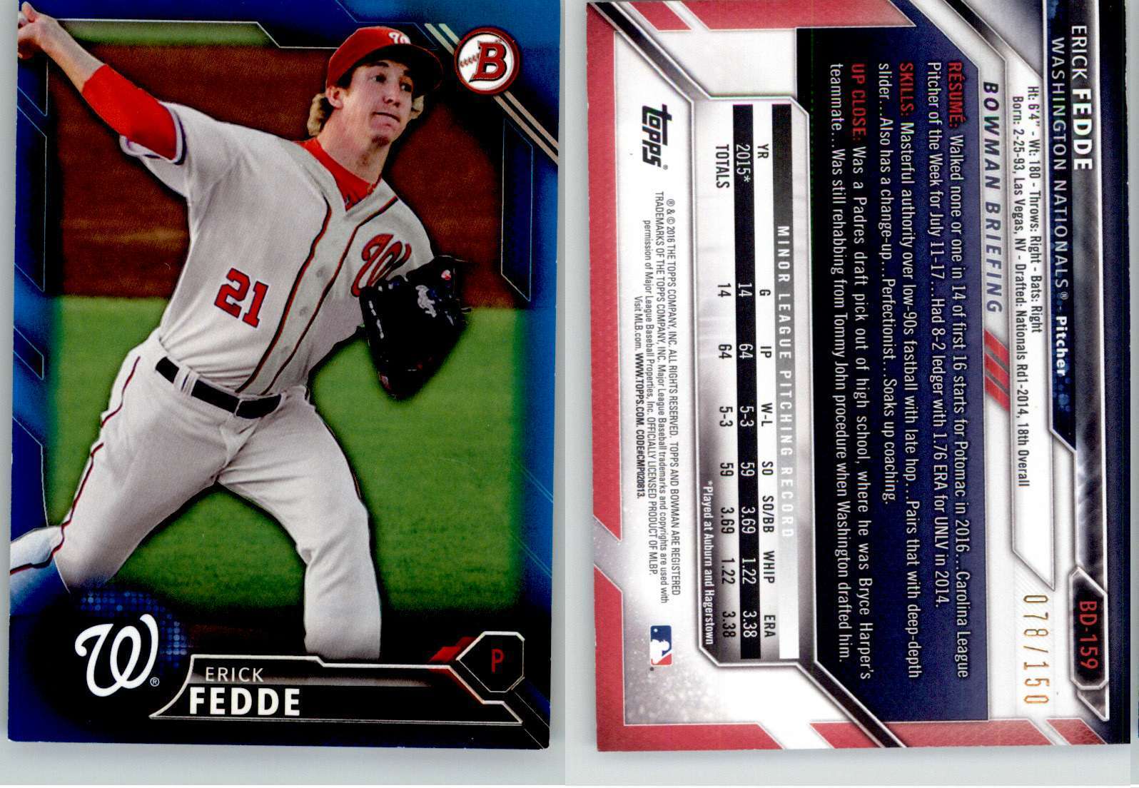 Erick Fedde 2016 Bowman Draft Blue BD-159 /150 Nationals EX