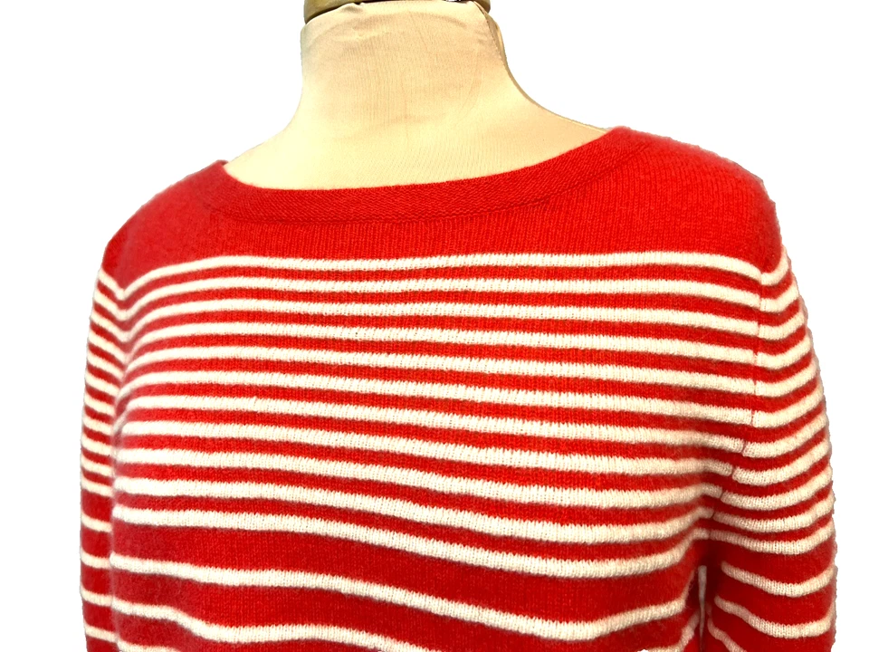 Suéter Pullover Cachemir Blanco & Warren Naranja Marfil Rayas Cuello Barco Talla L Foto 3 de 4