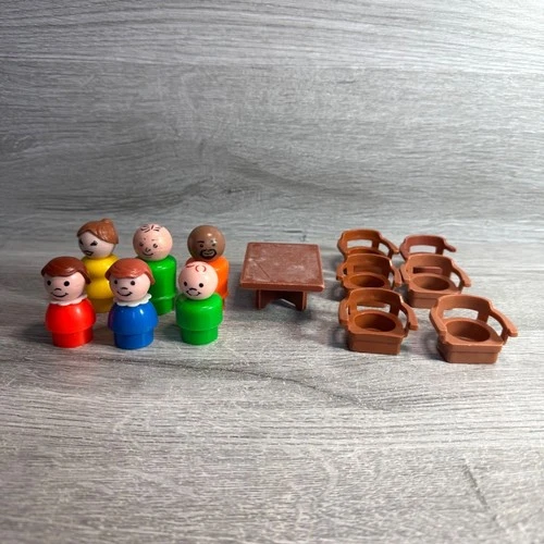 Vintage Fisher-Price Little People Family Set With Table & Chairs Brown Plastic