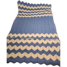 Handmade Crocheted Afghan Blanket Blue White Chevron Throw 66x44 Sofa Throw Vtg
