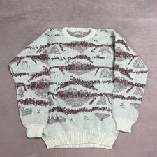 Vintage Abstract Knitted Jumper Patterned Grandad Chunky Knit Sweater Men's L