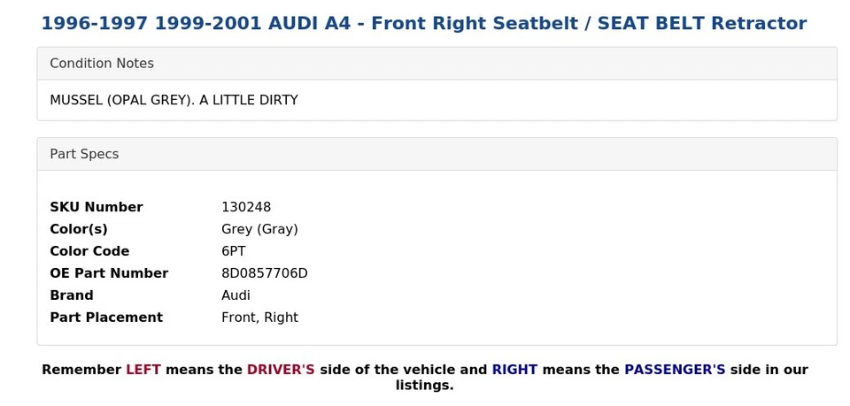 1996-1997 1999-2001 AUDI A4 - Cinturón de seguridad delantero derecho / retractor CINTURÓN DE SEGURIDAD Foto 3 de 4