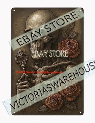 Skeleton key roses tin sign secrets beyond death wall art