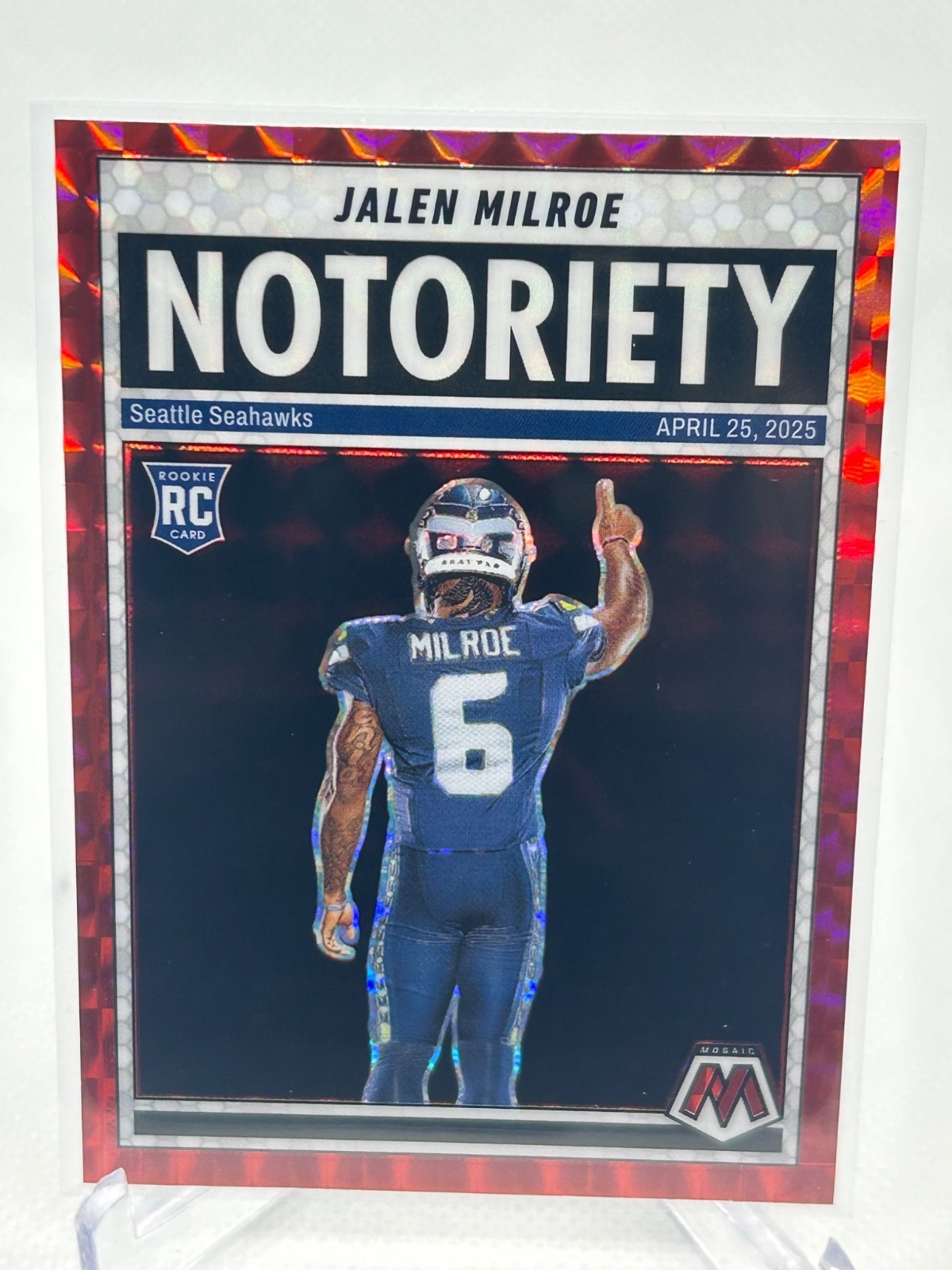 2025 Mosaic NOTORIETY Red JALEN MILROE Rookie RC – Seattle Seahawks – SP Insert