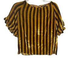 Madewell Velvet Memento Ruffle Top Size XS Yellow Merlot Dk Brown Stripe