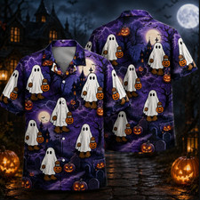Halloween Hawaiian Shirt 3D Spooky Cats Ghost...
