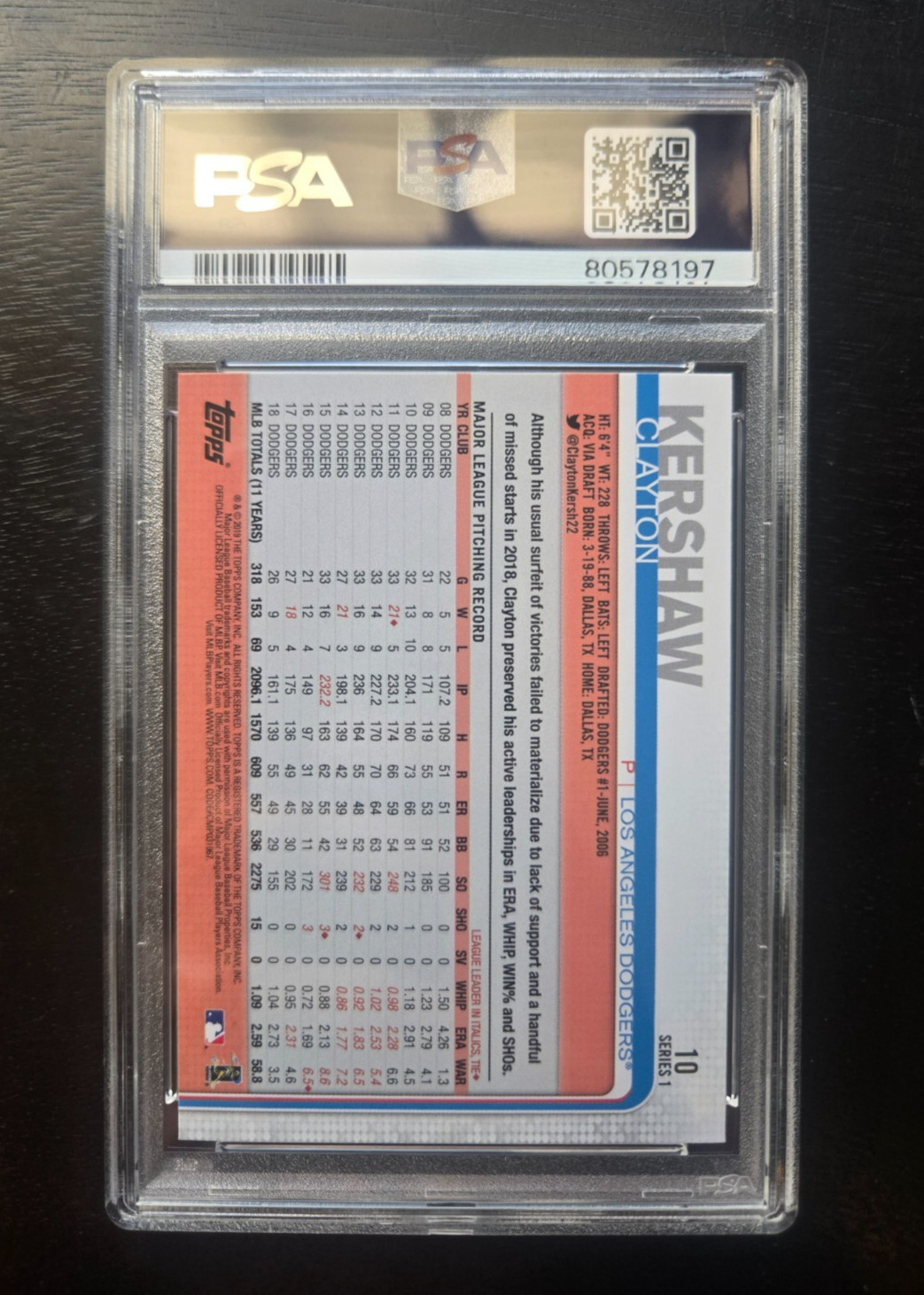 2019 Topps SP Image Variation Crouching Clayton Kershaw PSA 10 Gem Mint #10 view 2