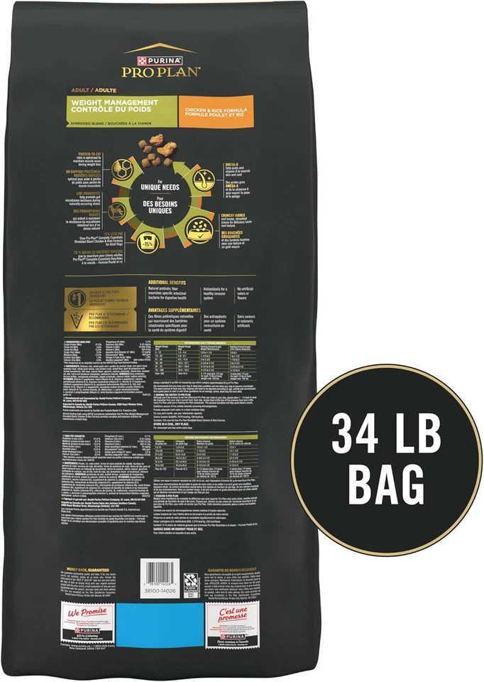 Comida para perros Purina Pro Plan control de peso, mezcla rallada pollo y arroz, 34 lb Foto 3 de 4