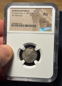 (#102850) Roman Republic: M. Herennius.  108 BC  NGC AU!   brushed (see video!)