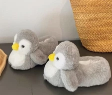 Penguin Slippers Womens 9 Gray Super Plush Comfy Slip On Slide On Cute