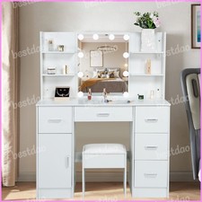 Vanity Makeup Table Stool Set with 10 LED Lighted Mirror 5 Drawers Dressing Desk
